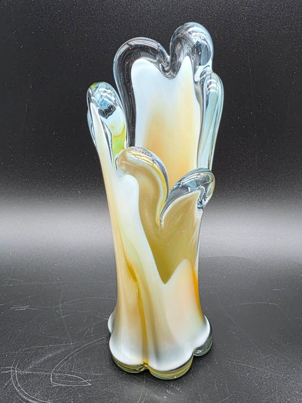 Vintage Murano Style gold white Slag Glass Finger Vase 7 inches